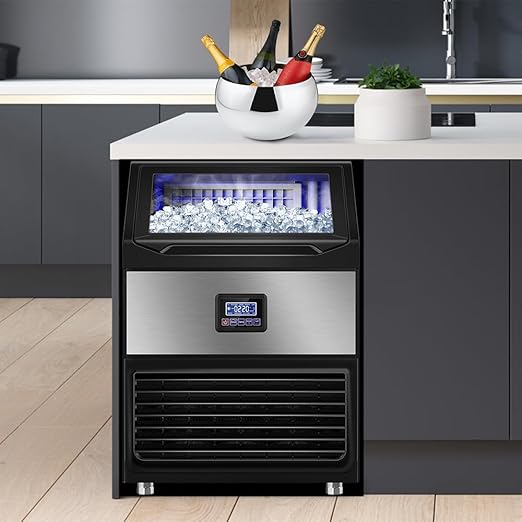 Ice Maker Machine Commercial, 240Lbs/24H with 75Lbs Storage Bin, 80Pcs Ice Cubes 8Mins, Freestanding Large Ice Machine with Water Filter and Ice Scoop for Restaurant Bar Home Office