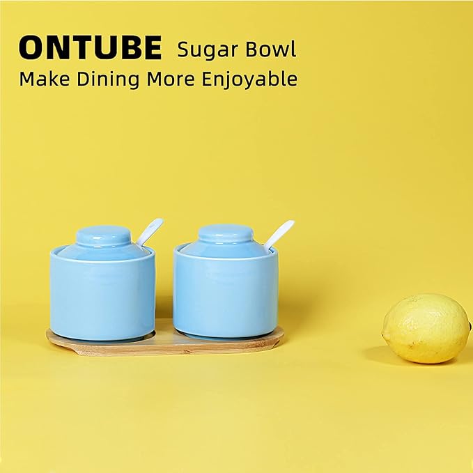 ONTUBE Ceramic Sugar Bowl with Lid and Spoon Set of 2,Porcelain Seasoning Box Salt Bowl with Tray,8oz (Turquoise Blue)