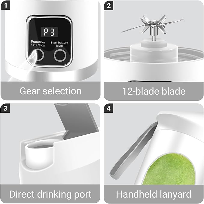 Portable Personal Electric USB Juicer，500ML Mini Blender Portable Blender For Shakes and Smoothies juice，12 Blades Great for Mixing，Compact、Convenient and Versatile (White)