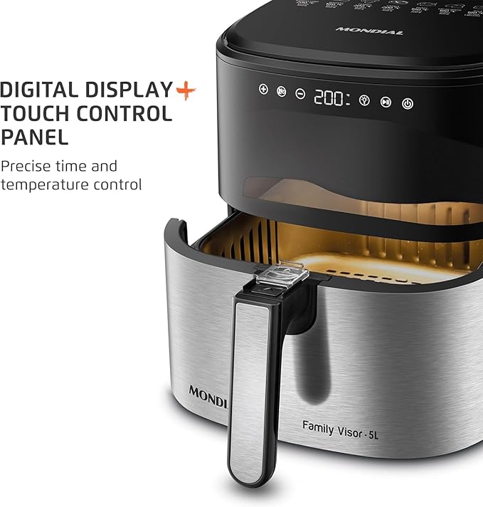 Air Fryer Digital Visor Inox 5.3QT Capacity - High Power & Elegant Stainless Steel Finish - Black & Inox