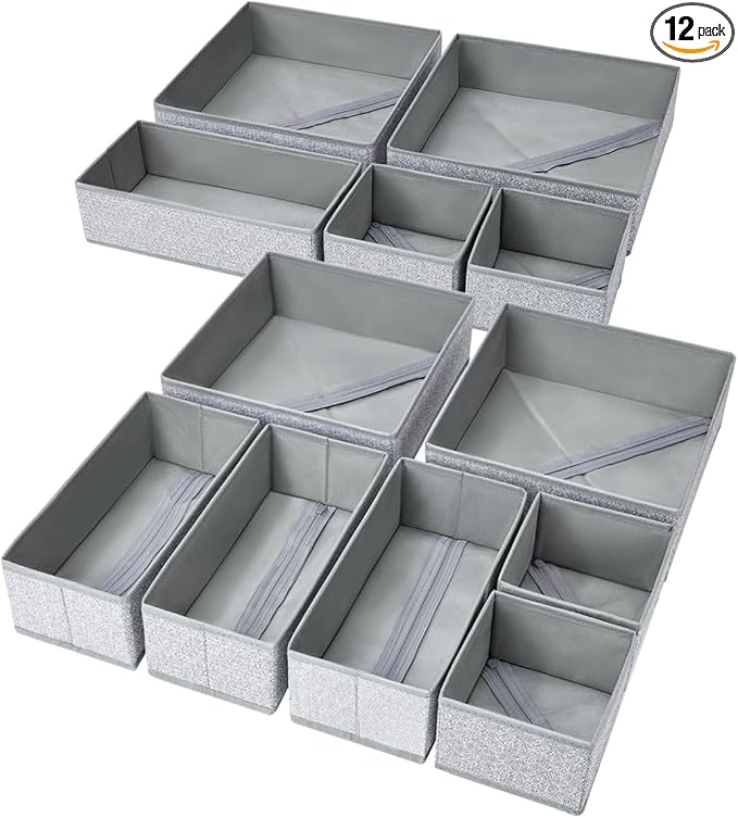 DIMJ Drawer Organizers - 12 Pack Foldable Closet & Sock Organizers, Fabric Dresser Drawer Dividers for Clothes, Underwear, Bras, Socks