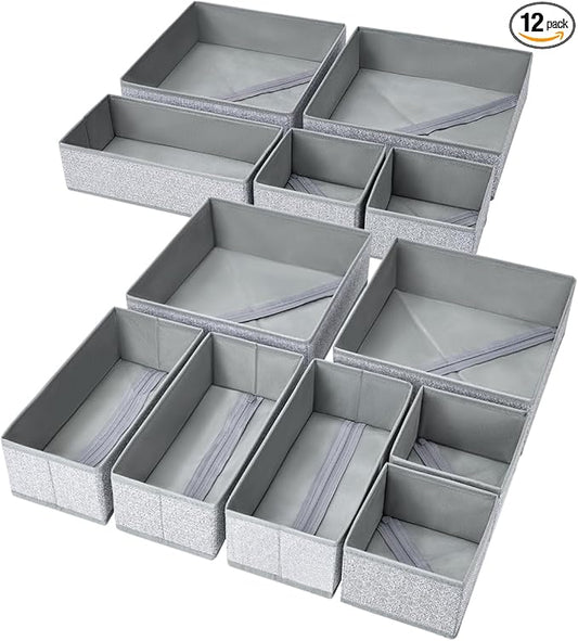 DIMJ Drawer Organizers - 12 Pack Foldable Closet & Sock Organizers, Fabric Dresser Drawer Dividers for Clothes, Underwear, Bras, Socks