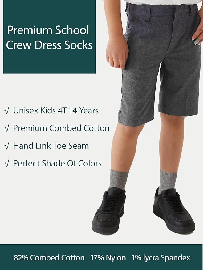 COTTON DAY Unisex Little Kids Youth Boys Girls Soft Cotton Crew Dress Socks Seamless Toe Black White Gray Navy 6 Pack
