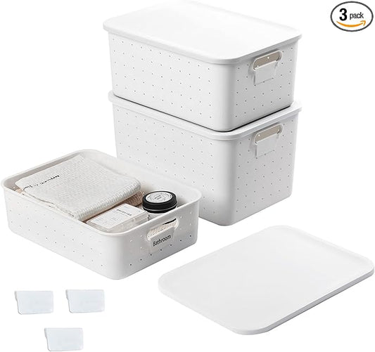 vacane Large White Storage Baskets with Snap Lid, Extremely Durable, Storage Baskets for Organizing Stackable Storage Box with Handle for Playroom Classroom Closet Office, 14 x 10 x 8 inch