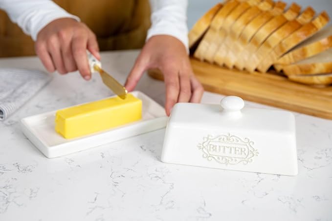 Covered Butter Dish with Lid - Elegant Engraved Butter Holder with Lid - Ceramic Butter Stick Holder Tray Holds Any Size Stick - Decorative Butter Keeper Container for Countertop & Fridge - 7.7" x 4"