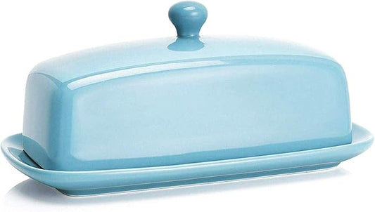 Sweese Butter Dish with Lid, Porcelain Butter Keeper, 7.8 Inch Butter Holder with Handle Cover, Butter Container Perfect for East West Coast Butter, Turquoise