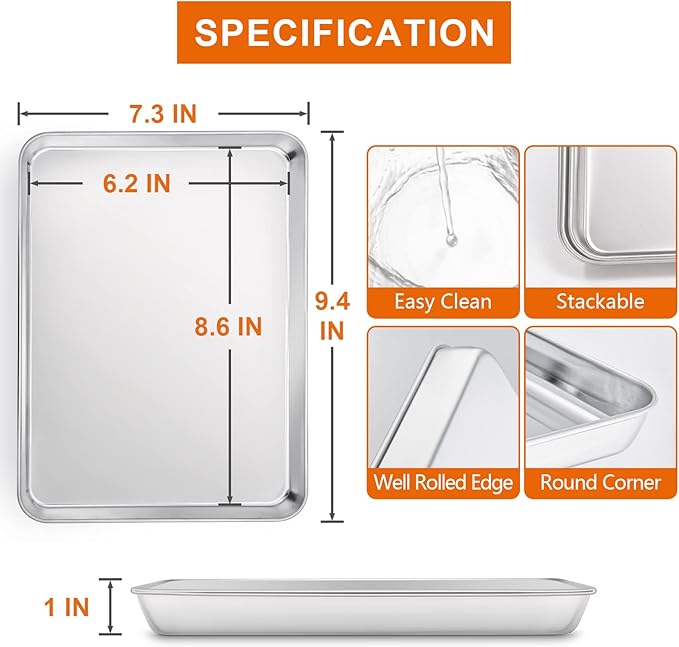 Small Baking Sheet Set of 2, E-far 9.4”x7.3” Toaster Oven Stainless Steel Cookies Sheet Pan with 50 Parchment Paper, Rectangle Mini Baking Tray for Cooking, Rust Free & Heavy Duty, Dishwasher Safe