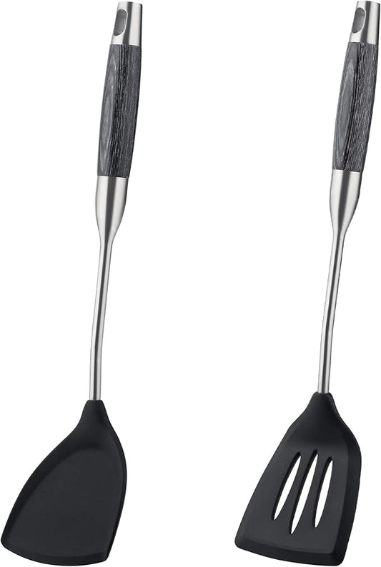 FJNATINH Silicone Spatulas and Turner Set - Stainless Steel Wok Tools, Wok Utensil, Heat Resistant Rubber Spatulas for Fish, Eggs, Pancakes, Wok,2 Pack
