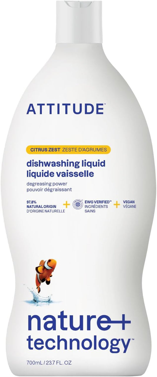 ATTITUDE Dish Soap, EWG Verified, Plant-Based & Vegan Dishwashing Liquid, Naturally Derived, Citrus Zest, 23.7 Fl Oz