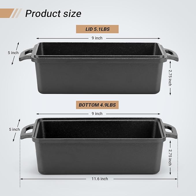 9×5 Inch Cast Iron Loaf Pan with Lid | Bread Baking Pans | Even Heat Distribution for Homemade Bread, Cake, Meatloaf, 2 Piece Set