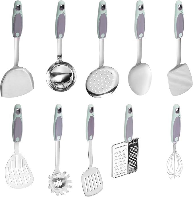 10PCS Cooking Utensils Set, Stainless Steel Utensils Set Non Slip Handle Heat Resistant Kitchen Cooking Tools Durable Metal Utensil Spatula, Spoon, Whisk, Ladle, Pasta Fork