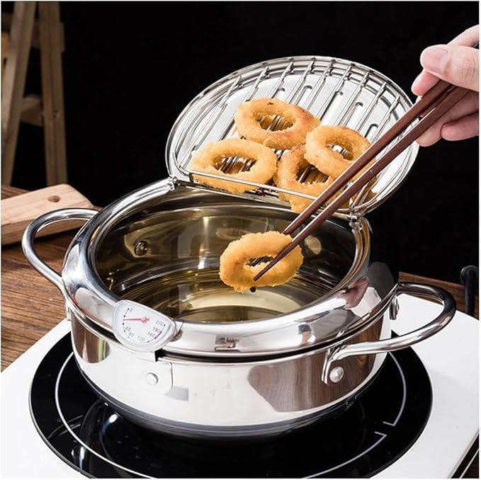 Deep Fryer Pot, Japanese Style Tempura Deep Fryer Frying Pot With Thermometer, Lid, Oil Drip Drainer Rack for French Fries Fish Shrimp Chicken 7.9 Inch/2.2 L 304 Stainless Steel Gifts