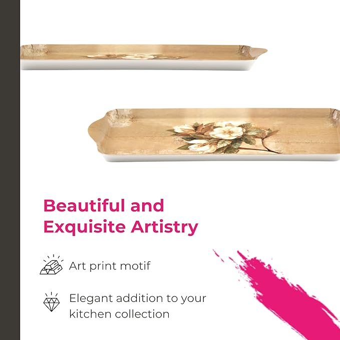 Pimpernel Sugar Magnolia Sandwich Tray - Rectangular Melamine Snack Tray with Blooming Floral Design, Pink & Green Tones - Dishwasher Safe Serving Platter for Breakfast Pastries or Decorative Display