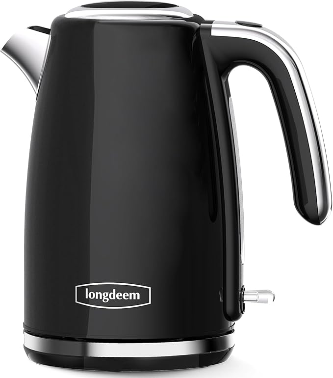 Electric Kettles 1500W for Boiling Water, Longdeem Retro 1.7L Stainless Steel Hot Water Boiler with Automatic Shut Off & Boil Dry Protection, Black