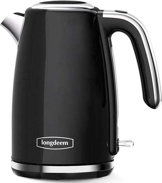 Electric Kettles 1500W for Boiling Water, Longdeem Retro 1.7L Stainless Steel Hot Water Boiler with Automatic Shut Off & Boil Dry Protection, Black