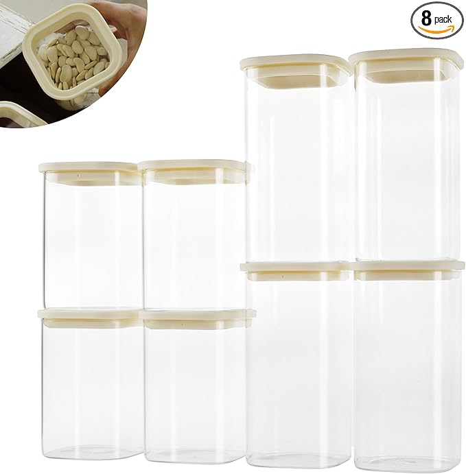 8pcs Square Pantry Glass Jars with Clear Airtight Lids Kitchen Canisters Sets for Flour, Sugar Refrigerator Safe, Available in 2 Sizes: 40oz / 54 oz, Patent Approved