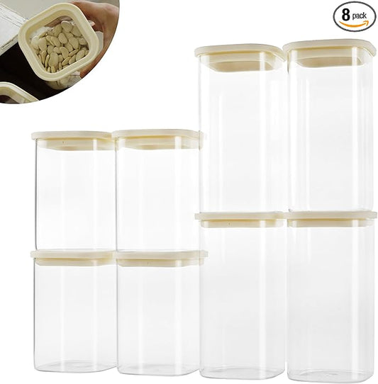 8pcs Square Pantry Glass Jars with Clear Airtight Lids Kitchen Canisters Sets for Flour, Sugar Refrigerator Safe, Available in 2 Sizes: 40oz / 54 oz, Patent Approved