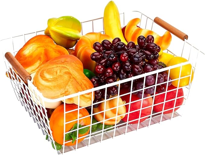 LeleCAT Large white wire baskets with Wooden Handles for storage pantry, Storage Organizer Baskets, Household Refrigerator for Cabinets, Closets, Bedrooms, kitchen - Set of 3 White