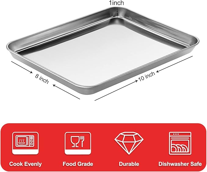 Baking Sheets for Oven, Stainless Steel Cookie Sheet Baking Pan Toaster Oven Tray 10 x 8 x 1 Inch, Easy Clean & Non-stick & Dishwasher Safe