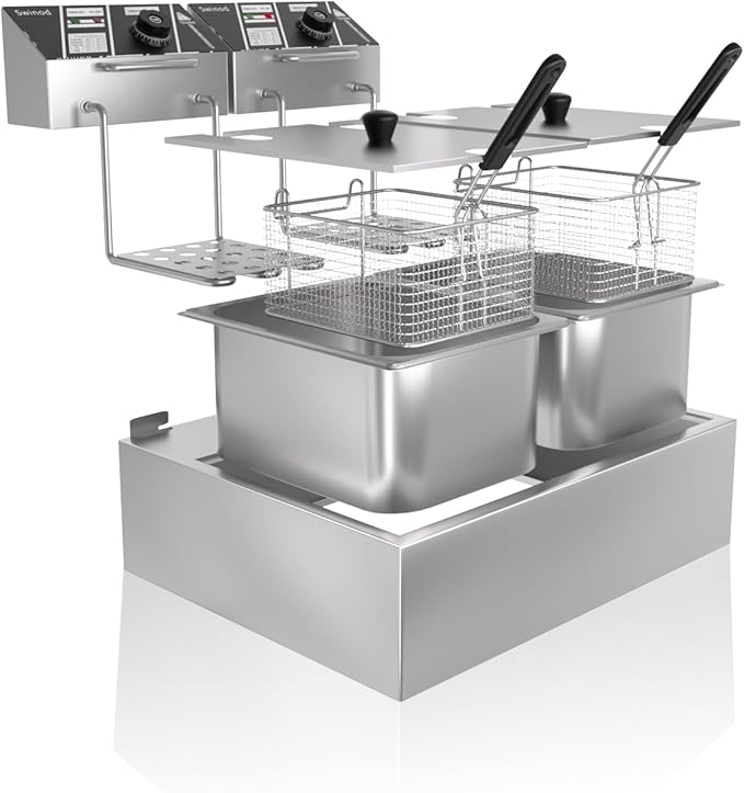 Commercial Deep Fryer with Baskets, 3400W 12.7QT/12L Thickened Stainless Steel Countertop Electric Oil Fryer, Large Capacity with Temperature Control, silver