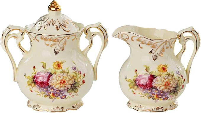 YOLIFE Ceramic Sugar and Creamer Set, Vintage Ivory Flowering Shrubs Golden Leaves Edge Porcelain Creamer Sugar Bowl with Lid Coffee Server Set Gifts