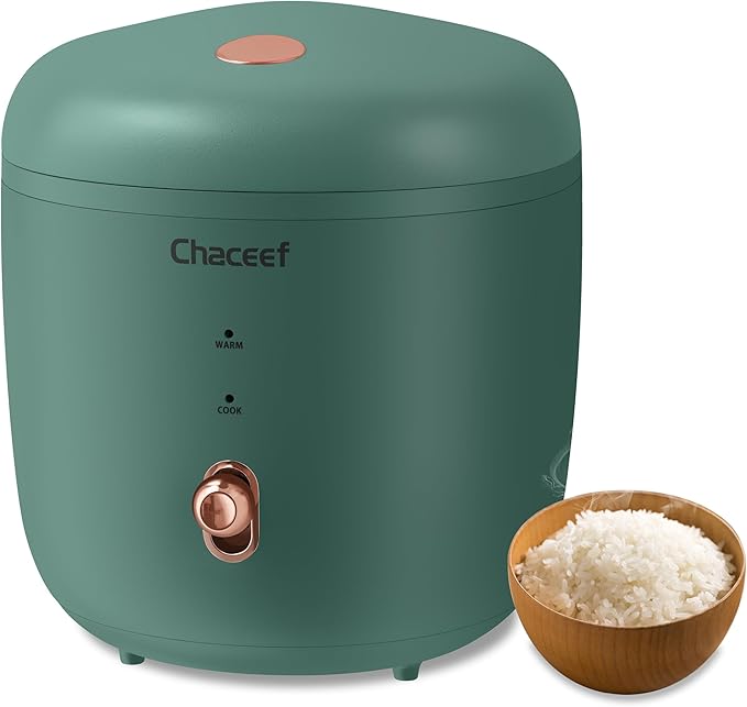 CHACEEF Mini Rice Cooker 2 Cups Uncooked, 1.2L Rice Cooker Small with Non-stick Pot, Portable Travel Rice Maker with One Touch & Keep Warm Function, White Rice, Brown Rice, Oatmeal, Green