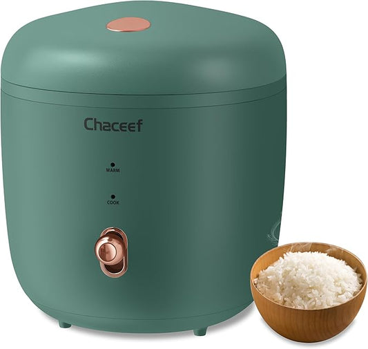 CHACEEF Mini Rice Cooker 2 Cups Uncooked, 1.2L Rice Cooker Small with Non-stick Pot, Portable Travel Rice Maker with One Touch & Keep Warm Function, White Rice, Brown Rice, Oatmeal, Green
