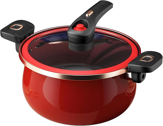 Nonstick Ceramic Coated Sauce Pan with Lid Red Crock Pot with Twist & Lock Handles, Micro Pressure Cooker Versatile stock pot with lid, Bottom Big Soup Canning Pots,Simmer Pot (RED, 5.5Quarts)