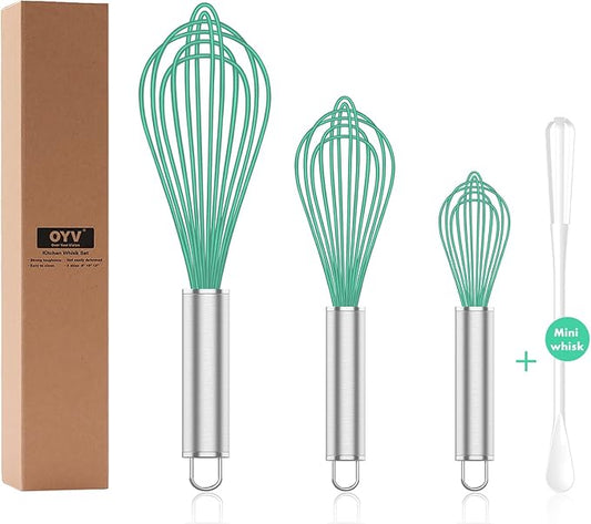 Teal Silicone Whisk, Professional Silicone Whisks For Cooking Non Scratch, Stainless Steel & Silicone Wisk,Plastic Rubber Whisk Tool for Nonstick Cookware Pans, Silicon Wisks Set of 3, Aqua