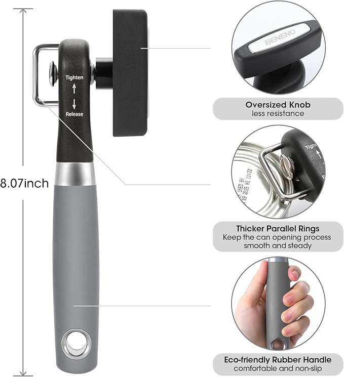 Beneno Can Opener, Manual Side Safe Cut Can Opener Smooth Edge with Durable Sharp Blade, Effort-Saving Knob & Comfortable Non-slip Handle, Gray