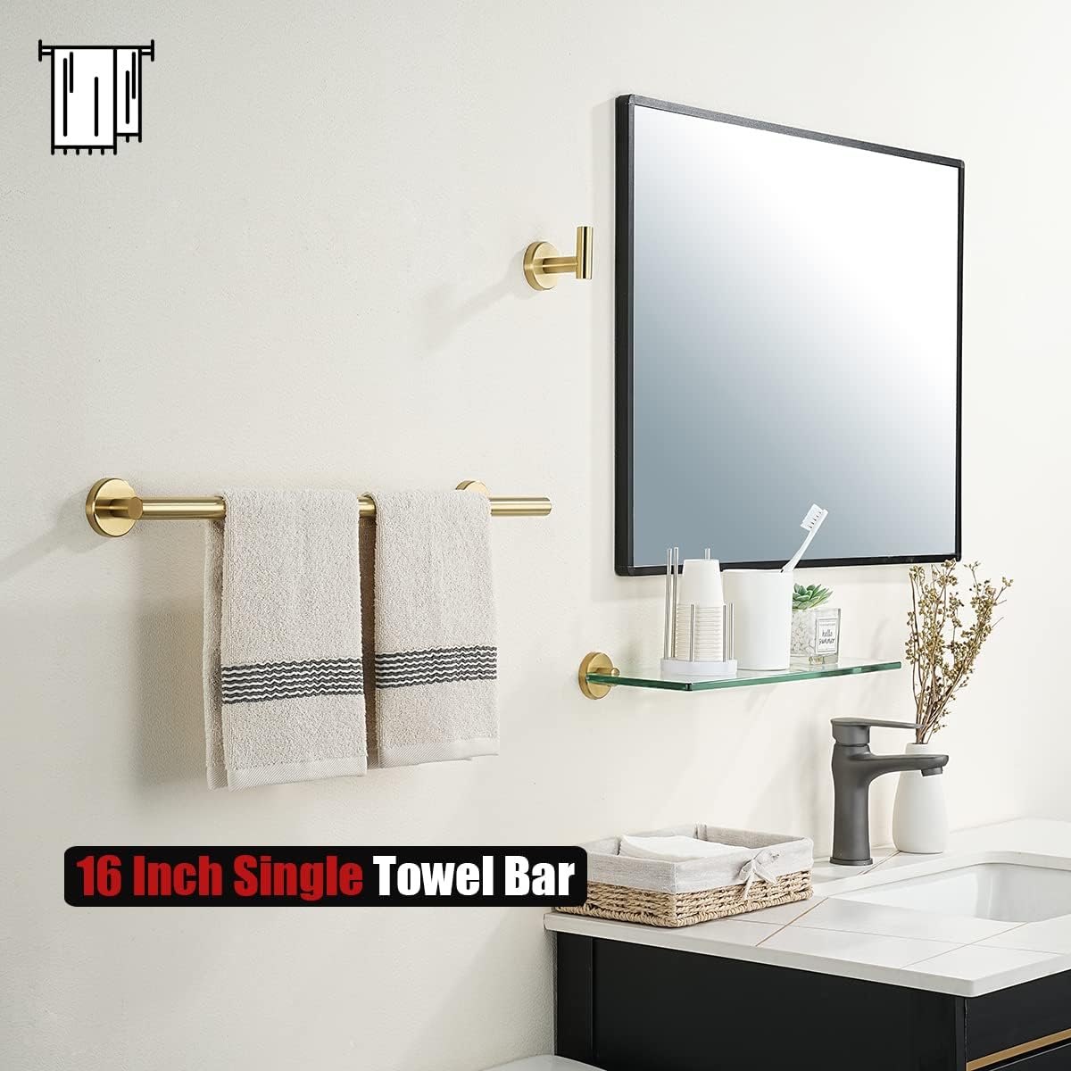 JQK Towel Bar Brushed Gold, 19 Inch 304 Stainless Steel Thicken 0.8mm Towel Rack Bathroom, Towel Holder Wall Mount, Useable Length 16 Inch TB110L16-BG