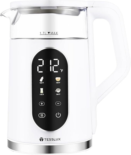 Electric Kettle, 1500W Fast Boiling Glass Water Kettle with Temperature Control, 1.7L Cordless Stainless Steel Base, Keep Warm & Auto Shut-Off, BPA-Free, White