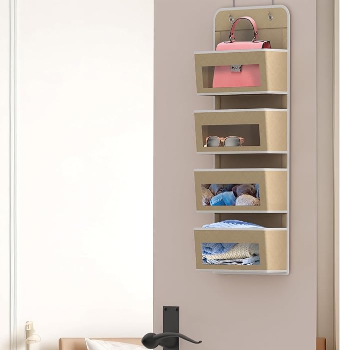 Simple Houseware 4 Clear Window Pocket Over Closet Door Storage Hanging Organizer for Bedroom, Bathroom, Pantry, Beige