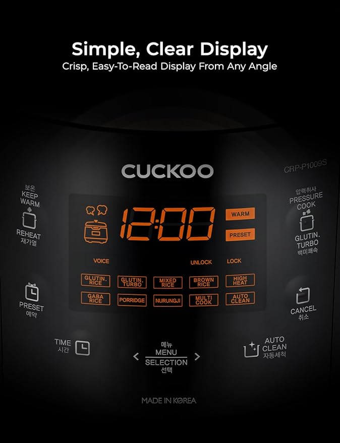 CUCKOO CRP-P1009SB 10-Cup (Uncooked) / 20-Cup (Cooked) Heating Pressure Rice Cooker & Warmer with Nonstick Inner Pot, 13 Menu Modes, Fuzzy Logic Tech, 3 Voice Guide, Auto Clean (Black)
