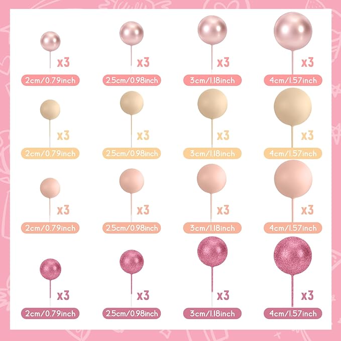 48 Pcs Balls Cake Topper Decorations Balloon Cupcake Toppers Foam Cake Topper Balls for Birthday Party Wedding Cake Deco(Glitter Pink, Rose Gold, Light Brown, Apricot)