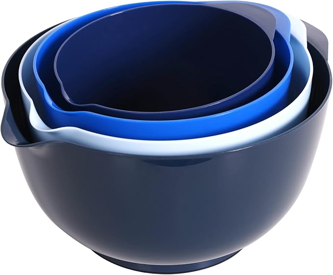 BoxedHome Nesting Plastic Mixing Bowl Set With Pour Spout, Microwave and Dishwasher Safe, BPA free Non-Slip Base, Set of 4 Size 1.7, 2.5, 3.5 and 4.5qt, Great for Prepping, Baking, Cooking (Dark Blue)