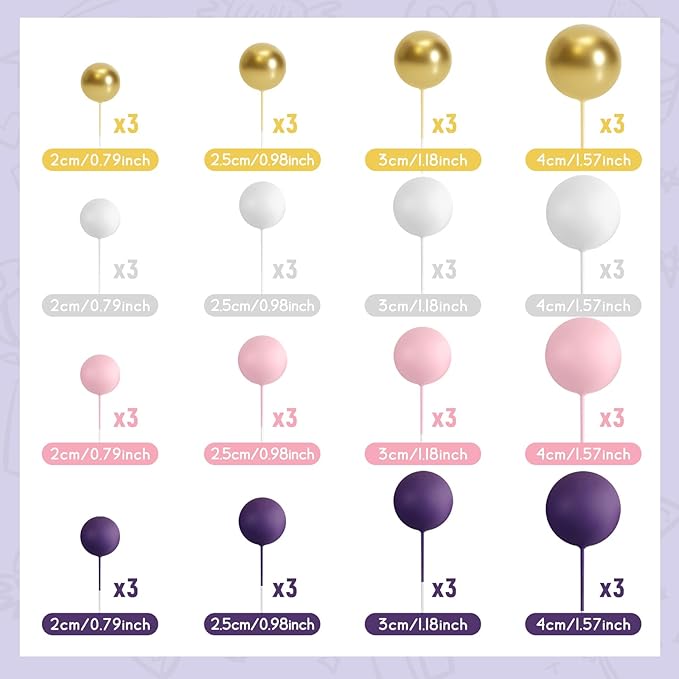 48 Pcs Balls Cake Topper Decorations Balloon Cupcake Toppers Foam Cake Topper Balls Cake Balls Decorations for Birthday Party Wedding Anniversary Cake Decorating (Pink, Purple, White, Gold)