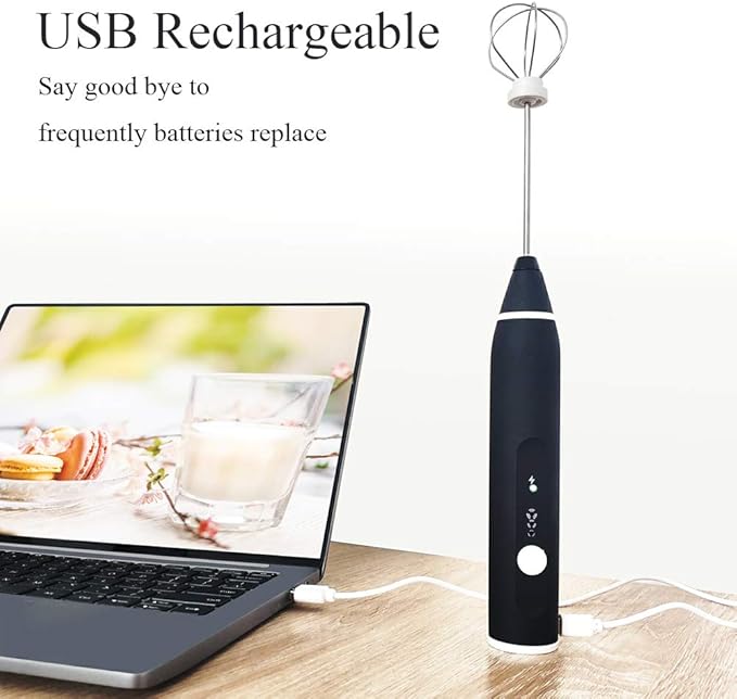 Rechargeable Foam Maker with Double Whisk, RIJAHO Upgraded 3 Speeds Frother Handheld for Milk Coffee, Latte, Matcha