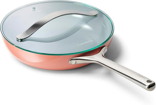 Caraway Nonstick Ceramic Frying Pan With Glass Lid (2.7 qt, 10.5") - Non Toxic, PTFE & PFOA Free - Oven Safe & Compatible with All Stovetops (Gas, Electric & Induction) - Perracotta