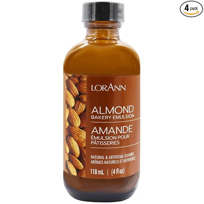 LorAnn Oils Almond Bakery Emulsion: True Essence, Ideal for Boosting Fruit Tones in Cakes, Cookies & Desserts, Gluten-Free, Keto-Friendly, Extract Substitute Essential for Your Kitchen, 4 Oz, 4 Pack