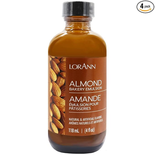 LorAnn Oils Almond Bakery Emulsion: True Essence, Ideal for Boosting Fruit Tones in Cakes, Cookies & Desserts, Gluten-Free, Keto-Friendly, Extract Substitute Essential for Your Kitchen, 4 Oz, 4 Pack