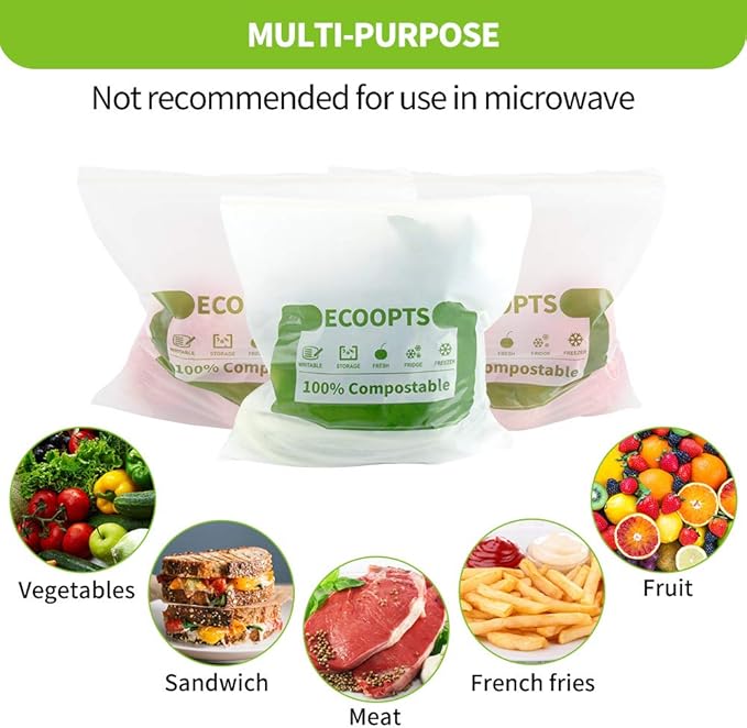 100% Compostable Large Sandwich Zip Bag | ECO-Friendly Food Storage Bags | Freezer Bag | Plant-Based BPA-free | Seal well for Fruit,Food and Snack (L-2Pack)