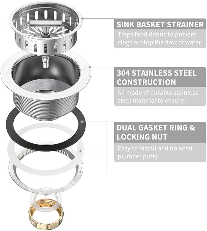KONE Kitchen Sink Drain Sink Strainer 3-1/2 Inch Drain Assembly Kit Replacement for Universal 3.5 Inch Kitchen Sink, All Stainless Steel Body with Strainer Basket and Drain Stopper (Stainless)