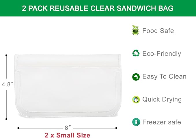 Clear Sandwich Bag/Snack Bag for Kids & Adults, Reusable Double Ziplock Cosmetic Bag,Makeup Travel Bag for Women Girls, Leakproof, Washable, Food Safe, BPA Free (2-Pack, Clear)