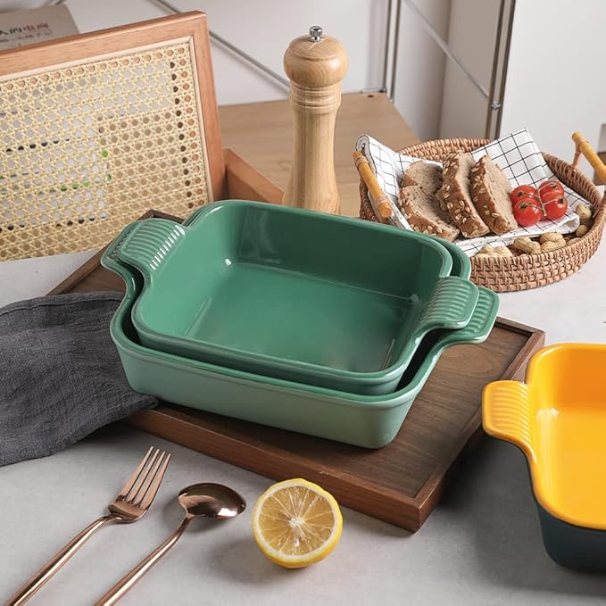 Sweejar Ceramic Baking Dish, 8 x 8 Cake Baking Pan for Brownie, Porcelain Square Bakeware with Double Handle for Casserole, Lasagna, Family Dinner (Light Green)