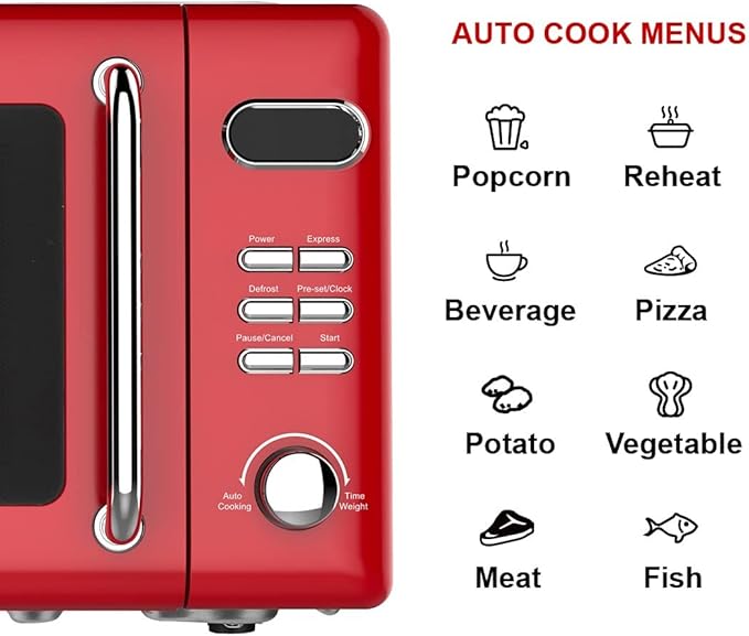 Emerson MWR7020RD Compact Countertop Microwave Oven with Button Control, LED Display, 700W 5 Power Levels, 8 Auto Menus, Glass Turntable and Child Safe Lock, 0.7, Retro Red