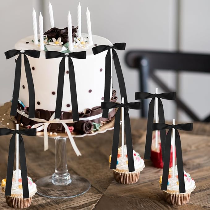 Bow Cake Toppers, 10 Pcs Large Black Bows Cupcake Toppers Themed Party Decorations, Black Birthday Cake Decorations for Wedding Baby Shower Party Supplies