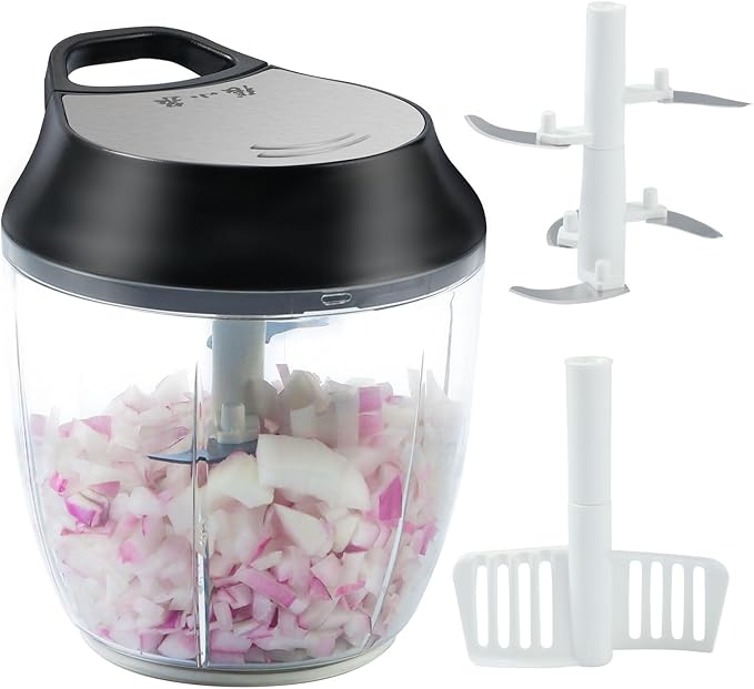 ZHANG XIAO QUAN SINCE 1628 Manual Vegetable Chopper, Hand Pull String Garlic Mincer Onion Cutter for Veggie, Peppers, Tomatoes, Ginger, Fruits, Nuts, 3.6 Cup(900ml) Food Chopper With Egg Whisk