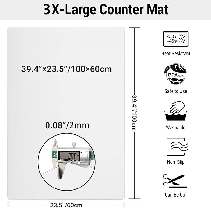 Ewen 39.4x23.5in 2mm Extra Large Silicone Mat, Thick Heat Resistant Placemat Silicone Mats for Kitchen Counter, Bar Workbench Table Protector Cover Pad for Air Fryer Coffee Maker Stove Translucent