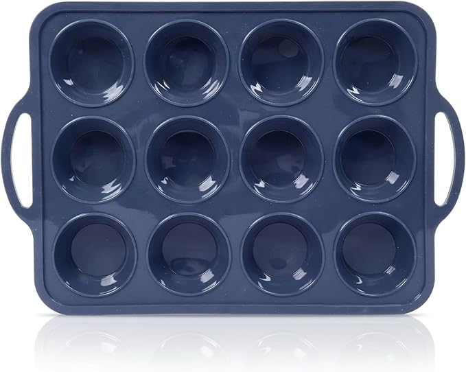 Silicone Muffin Pan with Metal Frame, Non Stick Silicone Cupcake Pan with Handles Regular 12 Cup, BPA Free Silicon Muffin Tin Tray for baking, egg bites, Cupcake Mold Grey